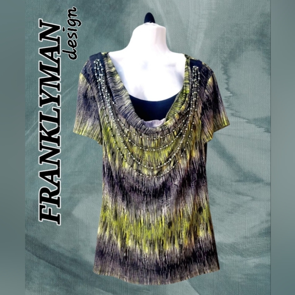 Frank Lyman Design Black and Green Graphic Embellished Blouse